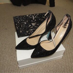 Betsey Johnson Black Beaded Heels and Clutch Set